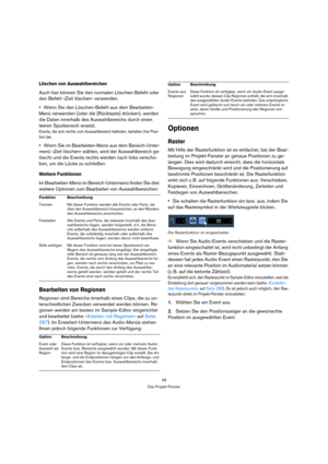 Page 5858
Das Projekt-Fenster
Löschen von Auswahlbereichen
Auch hier können Sie den normalen Löschen-Befehl oder 
den Befehl »Zeit löschen« verwenden.
Wenn Sie den Löschen-Befehl aus dem Bearbeiten-
Menü verwenden (oder die [Rücktaste] drücken), werden 
die Daten innerhalb des Auswahlbereichs durch einen 
leeren Spurbereich ersetzt.
Events, die sich rechts vom Auswahlbereich befinden, behalten ihre Posi-
tion bei.
Wenn Sie im Bearbeiten-Menü aus dem Bereich-Unter-
menü »Zeit löschen« wählen, wird der...