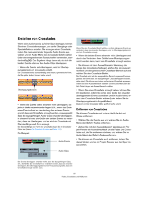 Page 9797
Fades, Crossfades und Hüllkurven
Erstellen von Crossfades
Wenn sich Audiomaterial auf einer Spur überlappt, können 
Sie einen Crossfade erzeugen, um sanfte Übergänge oder 
Spezialeffekte zu erzielen. Sie erzeugen einen Crossfade, 
indem Sie zwei aufeinander folgende Audio-Events aus-
wählen und im Audio-Menü den Crossfade-Befehl wählen 
(oder den entsprechenden Tastaturbefehl verwenden, stan-
dardmäßig [X]). Das Ergebnis hängt davon ab, ob sich die 
beiden Events oder nur ihre Audio-Clips überlappen:...