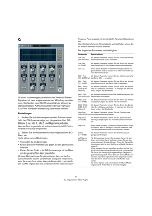 Page 2424
Die mitgelieferten Effekt-PlugIns
Q
Q ist ein hochwertiger parametrischer Vierband-Stereo-
Equalizer mit zwei vollparametrischen Mittelfreq uenzbän-
dern. Die Nieder- und Hochfrequenzbänder können als 
standardmäßiger Kuhschwanzfilter oder als High/Low-
Cut-Filter mit fester Verstärkung verwendet werden.
Einstellungen
1.Klicken Sie auf den entsprechenden Schalter unter-
halb der EQ-Kurvenanzeige, um die gewünschten EQ-
Bänder (Low, Mid 1, Mid 2 und High) einzuschalten.
Wenn ein Band eingeschaltet ist,...