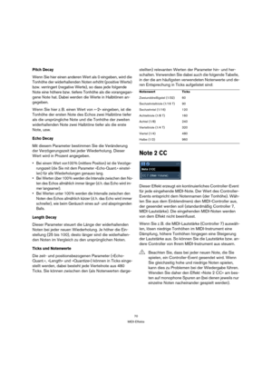 Page 7070
MIDI-Effekte
Pitch Decay
Wenn Sie hier einen anderen Wert als 0 eingeben, wird die 
Tonhöhe der widerhallenden Noten erhöht (positive Werte) 
bzw. verringert (negative Werte), so dass jede folgende 
Note eine höhere bzw. tiefere Tonhöhe als die vorangegan-
gene Note hat. Dabei werden die Werte in Halbtönen an-
gegeben.
Wenn Sie hier z. B. einen Wert von »-2« eingeben, ist die 
Tonhöhe der ersten Note des Echos zwei Halbtöne tiefer 
als die ursprüngliche Note und die Tonhöhe der zweiten 
widerhallenden...