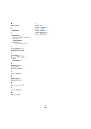 Page 2525
Index
A
Apple Remote 10
C
CM Motor Mix 11
F
Fernbedienung
Automationsdaten schreiben 7
Einrichten 6
Tastaturbefehle 7
Zugreifen auf 
Geräte-Bedienfelder 8
G
Gallery ADRStudio 20
Generischer Controller 8
J
JL Cooper CS-10 14
JL Cooper MCS-3000 14
Joysticks
Deaktivieren 10
M
Mackie Control 15
Mackie HUI 15
Mixer von Nuendo 20
Q
Quick Controls 10
R
Radikal SAC-2K 17
Roland MCR-8 19
S
Steinberg Houston 13
T
Tascam US-428 19
W
WK-Audio ID 21
Y
Yamaha 01V 21
Yamaha 01v96v2 23
Yamaha 01x 23
Yamaha 02v96v2...