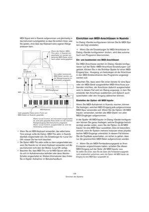 Page 139139
Einrichten des Systems
MIDI-Signal wird in Nuendo aufgenommen und gleichzeitig in 
das Instrument zurückgeleitet, so dass Sie wirklich hören, was 
Sie spielen, ohne dass das Keyboard seine eigenen Klänge 
ansteuern kann.
 Wenn Sie ein MIDI-Keyboard verwenden, das selbst keine 
Töne erzeugt, sollte die Option »MIDI-Thru aktiv« in Nuendo 
ebenfalls eingeschaltet sein. Die Einstellungen für »Local On/
Off« müssen Sie hier nicht beachten.
 Die Option »MIDI-Thru aktiv« sollte nur dann ausgeschaltet sein,...