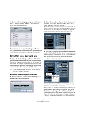 Page 191191
Lehrgang 7: Surround-Sound
4.Benennen Sie die Eingänge entsprechend den Kanä-
len, d. h. »Links«, »Rechts«, »Mitte«, »LFE«, »Surround 
Links« und »Surround Rechts«.
Damit sind alle notwendigen Einstellungen im Fenster 
»VST-Verbindungen« vorgenommen. Nun müssen die Spu-
ren in Nuendo noch entsprechend eingerichtet werden.
Einrichten eines Surround-Mix
Nachdem Sie die Einstellungen im Fenster »VST-Verbin-
dungen« vorgenommen haben, müssen nun die Spuren in 
Nuendo so eingerichtet werden, dass sie die...