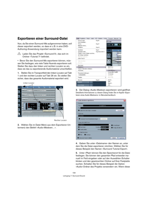 Page 194194
Lehrgang 7: Surround-Sound
Exportieren einer Surround-Datei
Nun, da Sie einen Surround-Mix aufgenommen haben, soll 
dieser exportiert werden, so dass er z. B. in eine DVD-
Authoring-Anwendung importiert werden kann.
Bevor Sie den Surround-Mix exportieren können, müs-
sen Sie festlegen, wie viele Takte Nuendo exportieren soll. 
Stellen Sie dazu den linken und rechten Locator so ein, 
dass sie das zu exportierende Audiomaterial umschließen.
1.Stellen Sie im Transportfeld den linken Locator auf Takt 
1...