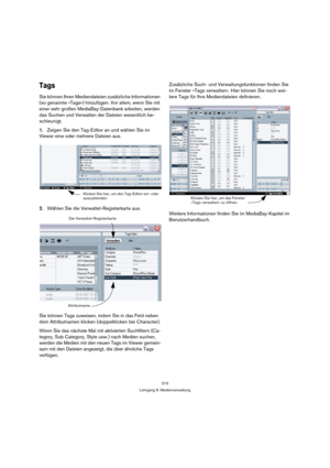 Page 210210
Lehrgang 9: Medienverwaltung
Tags
Sie können Ihren Mediendateien zusätzliche Informationen 
(so genannte »Tags«) hinzufügen. Vor allem, wenn Sie mit 
einer sehr großen MediaBay-Datenbank arbeiten, werden 
das Suchen und Verwalten der Dateien wesentlich be-
schleunigt.
1.Zeigen Sie den Tag-Editor an und wählen Sie im 
Viewer eine oder mehrere Dateien aus.
2.Wählen Sie die Verwaltet-Registerkarte aus.
Sie können Tags zuweisen, indem Sie in das Feld neben 
dem Attributnamen klicken (doppelklicken bei...