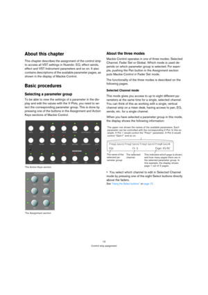 Page 1313
Control strip assignment
About this chapter
This chapter describes the assignment of the control strip 
to access all VST settings in Nuendo: EQ, effect sends, 
effect and VST Instrument parameters and so on. It also 
contains descriptions of the available parameter pages, as 
shown in the display of Mackie Control.
Basic procedures
Selecting a parameter group
To be able to view the settings of a parameter in the dis-
play and edit the values with the V-Pots, you need to se-
lect the corresponding...