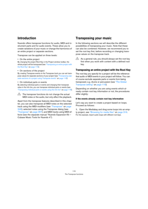 Page 115115
The Transpose functions
Introduction
Nuendo offers transpose functions for audio, MIDI and in-
strument parts and for audio events. These allow you to 
create variations of your music or change the harmonics of 
an entire project or separate sections. 
Transpose can be applied on three levels:
On the entire project
By changing the project Root Key in the Project window toolbar, the 
whole project will be transposed (see “Transposing an entire project with 
the Root Key” on page 115). 
On sections of...