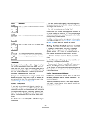 Page 207207
Surround sound
Child busses
Essentially a child bus is a bus within a (bigger) bus. Typi-
cally you may want stereo child busses within your sur-
round bus – this allows you to route stereo tracks directly 
to a stereo speaker pair within the surround bus. You may 
also want to add child busses in other surround formats 
(with fewer channels than the “parent bus”).
Once you have created a surround bus, you can add one or 
several child busses to it by right-clicking the bus and se-
lecting “Add Child...