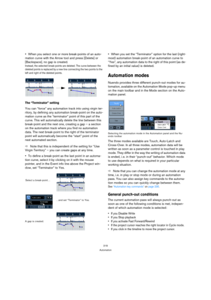 Page 219219
Automation
When you select one or more break-points of an auto-
mation curve with the Arrow tool and press [Delete] or 
[Backspace], no gap is created.
Instead, the selected break-points are deleted. The curve between the 
deleted points is replaced by a new line connecting the two points to the 
left and right of the deleted points.
The “Terminator” setting
You can “force” any automation track into using virgin ter-
ritory, by defining any automation break-point on the auto-
mation curve as the...