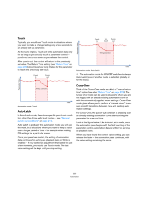 Page 220220
Automation
Touch
Typically, you would use Touch mode in situations where 
you want to make a change lasting only a few seconds to 
an already set up parameter.
As the name implies, Touch will write automation data only 
for as long as you actually touch a parameter control – 
punch-out occurs as soon as you release the control.
After punch-out, the control will return to the previously 
set value. The Return Time setting (see “Return Time” on 
page 229) determines how long it takes for the parameter...