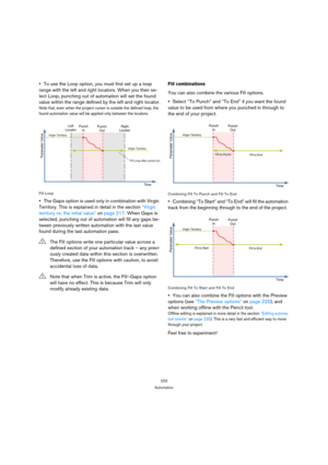 Page 223223
Automation
To use the Loop option, you must first set up a loop 
range with the left and right locators. When you then se-
lect Loop, punching out of automation will set the found 
value within the range defined by the left and right locator.
Note that, even when the project cursor is outside the defined loop, the 
found automation value will be applied only between the locators.
Fill Loop
The Gaps option is used only in combination with Virgin 
Territory. This is explained in detail in the section...