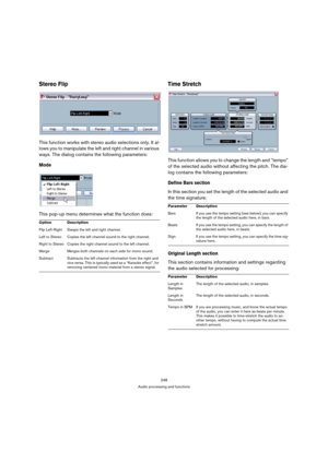 Page 248248
Audio processing and functions
Stereo Flip
This function works with stereo audio selections only. It al-
lows you to manipulate the left and right channel in various 
ways. The dialog contains the following parameters:
Mode
 
This pop-up menu determines what the function does:
Time Stretch
This function allows you to change the length and “tempo” 
of the selected audio without affecting the pitch. The dia-
log contains the following parameters:
Define Bars section
In this section you set the length...