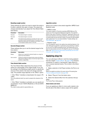 Page 249249
Audio processing and functions
Resulting Length section
These settings are used if you want to stretch the audio to 
fit within a specific time span or tempo. The values will 
change automatically if you adjust the Time Stretch Ratio 
(see below).
Seconds Range section
These settings allow you to set the desired range for the 
time stretch.
Time Stretch Ratio section
The Time Stretch Ratio determines the amount of time 
stretch as a percentage of the original length. If you use 
the settings in the...