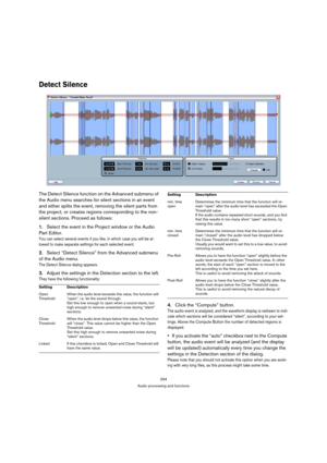 Page 254254
Audio processing and functions
Detect Silence
The Detect Silence function on the Advanced submenu of 
the Audio menu searches for silent sections in an event 
and either splits the event, removing the silent parts from 
the project, or creates regions corresponding to the non-
silent sections. Proceed as follows:
1.Select the event in the Project window or the Audio 
Part Editor.
You can select several events if you like, in which case you will be al-
lowed to make separate settings for each selected...