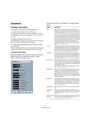 Page 3333
The Project window
Operations
Creating a new project
You create a new project in the following way:
1.Select “New Project” from the File menu.
A dialog appears, listing a number of project templates, including any 
custom templates you may have created (see “Save as Template” on 
page 488). 
2.Select a template and click OK.
A file dialog appears, allowing you to specify a location for the project 
folder. This will contain all files related to the project. 
3.Select an existing folder or type the...