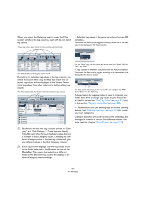Page 321321
The MediaBay
When you select the Category search mode, the Filter 
section will show the tag columns, each with its own list of 
tag values. 
The default setup of Category search mode
By clicking on individual tag values in the tag columns, you 
define the search filter: only the files that match the se-
lected tag values will be displayed in the Viewer. Select 
more tag values from other columns to further refine your 
search.Selected tag values in the same tag column form an OR 
condition.
This...