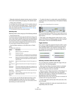 Page 372372
The MIDI editors
Manually entering the desired velocity value by clicking 
in the insert velocity field and typing in the desired value.
Using a key command.
You can assign a key command to each of the five available velocity val-
ues in the Key Commands dialog (MIDI category – the items Insert Ve-
locity 1-5). This allows for quick switching between different velocity 
values when entering notes. See “Setting up key commands” on page 
518 for instructions on how to set up key commands.
Selecting...