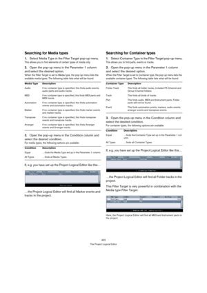 Page 402402
The Project Logical Editor
Searching for Media types
1.Select Media Type in the Filter Target pop-up menu.
This allows you to find elements of certain types of media only. 
2.Open the pop-up menu in the Parameter 1 column 
and select the desired option.
When the Filter Target is set to Media type, the pop-up menu lists the 
available media types. The following table lists what will be found:
3.Open the pop-up menu in the Condition column and 
select the desired condition. 
For media types, the...