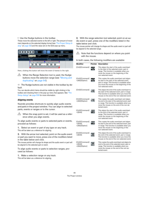 Page 4545
The Project window
Use the Nudge buttons in the toolbar.
These move the selected events to the left or right. The amount of move-
ment depends on the selected display format (see “The Project Setup di-
alog” on page 33) and the value set on the Grid pop-up menu.
Here, clicking this button will move the event 2 frames to the right.
ÖThe Nudge buttons are not visible in the toolbar by de-
fault. 
You can decide which items should be visible by right-clicking in the 
toolbar and checking them in the...