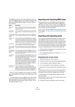 Page 500500
File handling
The MIDI file is imported. The result depends on the con-
tents of the MIDI file and the Import Options settings in the 
Preferences (MIDI–MIDI File page). The Import Options 
are as follows:
When you import a MIDI file into the project, the Tempo 
track will be adjusted according to the Tempo track in the 
MIDI file.
It is also possible to import a MIDI file from disk by drag-
ging and dropping it from the Windows Explorer or the 
Mac OS Finder into the Nuendo Project window. The Im-...