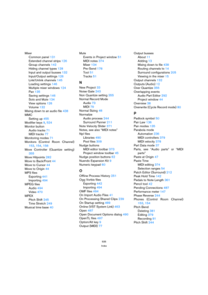 Page 535535
Index
Mixer
Common panel 131
Extended channel strips 126
Group channels 142
Hiding channel types 128
Input and output busses 132
Input/Output settings 126
Link/Unlink channels 145
Loading settings 146
Multiple mixer windows 124
Pan 135
Saving settings 146
Solo and Mute 134
View options 126
Volume 132
Mixing down to an audio file 438
MMC
Setting up 455
Modifier keys 9, 524
Monitor button
Audio tracks 71
MIDI tracks 77
Monitoring modes 71
Monitors (Control Room Channel)
153, 154, 158
Move Controller...