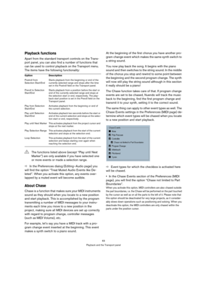 Page 6363
Playback and the Transport panel
Playback functions
Apart from the standard transport controls on the Trans-
port panel, you can also find a number of functions that 
can be used to control playback on the Transport menu. 
The items have the following functionality:
ÖIn the Preferences dialog (Editing–Audio page) you 
will find the option “Treat Muted Audio Events like De-
leted”. When you activate this option, any events over-
lapped by a muted event will become audible.
About Chase
Chase is a...