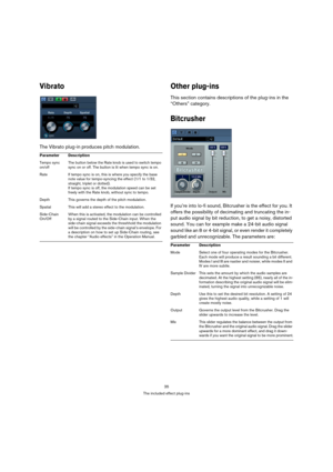 Page 3535
The included effect plug-ins
Vibrato
The Vibrato plug-in produces pitch modulation.
Other plug-ins
This section contains descriptions of the plug-ins in the 
“Others” category.
Bitcrusher
If you’re into lo-fi sound, Bitcrusher is the effect for you. It 
offers the possibility of decimating and truncating the in-
put audio signal by bit reduction, to get a noisy, distorted 
sound. You can for example make a 24-bit audio signal 
sound like an 8 or 4-bit signal, or even render it completely 
garbled and...