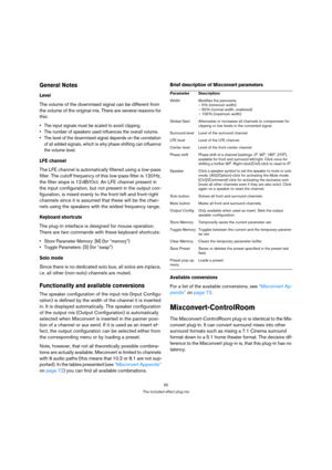 Page 5050
The included effect plug-ins
General Notes
Level
The volume of the downmixed signal can be different from 
the volume of the original mix. There are several reasons for 
this:
 The input signals must be scaled to avoid clipping.
 The number of speakers used influences the overall volume.
 The level of the downmixed signal depends on the correlation 
of all added signals, which is why phase shifting can influence 
the volume level.
LFE channel
The LFE channel is automatically filtered using a low-pass...