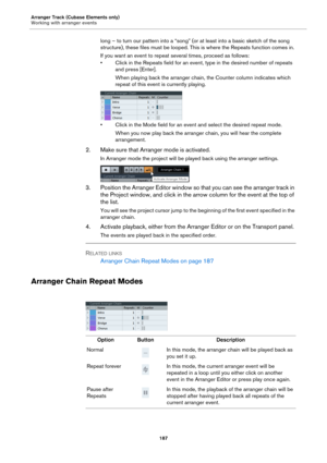 Page 187Arranger Track (Cubase Elements only)
Working with arranger events
187
long – to turn our pattern into a “song” (or at least into a basic sketch of the song 
structure), these files must be looped. This is where the Repeats function comes in.
If you want an event to repeat several times, proceed as follows:
• Click in the Repeats field for an event, type in the desired number of repeats 
and press [Enter].
When playing back the arranger chain, the Counter column indicates which 
repeat of this event is...