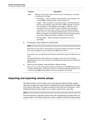 Page 395Remote controlling Cubase
The Generic Remote device
395
8. If necessary, make settings for another bank.
NOTE
Note that you only need to make settings in the bottom table for this bank. The table 
at the top is already set up according to the MIDI remote device.
If necessary, you can add banks by clicking the Add button below the Bank pop-up 
menu.
Clicking the Rename button allows you to assign a new name to the currently 
selected bank, and you can remove an unneeded bank by selecting it and clicking...
