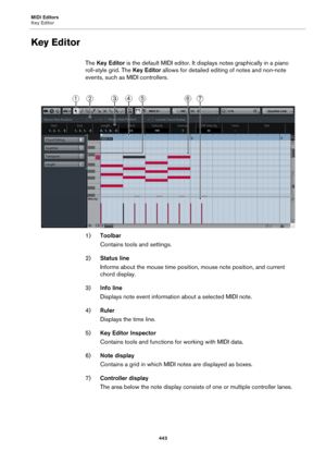 Page 443MIDI Editors
Key Editor
443
Key Editor
The Key Editor is the default MIDI editor. It displays notes graphically in a piano 
roll-style grid. The Key Editor allows for detailed editing of notes and non-note 
events, such as MIDI controllers.
1)Toolbar
Contains tools and settings.
2)Status line
Informs about the mouse time position, mouse note position, and current 
chord display.
3)Info line
Displays note event information about a selected MIDI note.
4)Ruler
Displays the time line.
5)Key Editor Inspector...