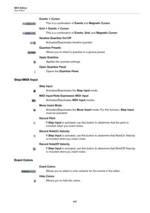 Page 447MIDI Editors
Key Editor
447
Events + Cursor
This is a combination of Events and Magnetic Cursor.
Grid + Events + Cursor
This is a combination of Events, Grid, and Magnetic Cursor.
Iterative Quantize On/Off
Activates/Deactivates iterative quantize.
Quantize Presets
Allows you to select a quantize or a groove preset.
Apply Quantize
Applies the quantize settings.
Open Quantize Panel
Opens the Quantize Panel.
Step/MIDI Input
Step Input
Activates/Deactivates the Step Input mode.
MIDI Input/Note Expression...