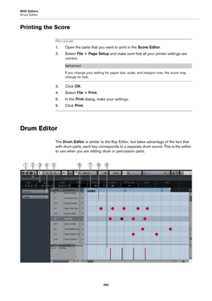 Page 483MIDI Editors
Drum Editor
483
Printing the Score
PROCEDURE
1. Open the parts that you want to print in the Score Editor.
2. Select File > Page Setup and make sure that all your printer settings are 
correct.
IMPORTANT
If you change your setting for paper size, scale, and margins now, the score may 
change its look.
3. Click OK.
4. Select File > Print.
5. In the Print dialog, make your settings.
6. Click Print.
Drum Editor
The Drum Editor is similar to the Key Editor, but takes advantage of the fact that...