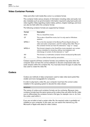 Page 586Video
Before You Start
586
Video Container Formats
Video and other multi-media files come in a container format.
This container holds various streams of information including video and audio, but 
also metadata such as synchronization information required to play back audio and 
video together. Data regarding creation dates, authors, chapter markings, and more 
can also be held within the container format.
The following container formats are supported by Cubase:
Cubase supports all these container...