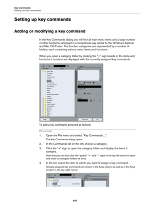 Page 603Key Commands
Setting up key commands
603
Setting up key commands
Adding or modifying a key command
In the Key Commands dialog you will find all main menu items and a large number 
of other functions, arranged in a hierarchical way similar to the Windows Explorer 
and Mac OS Finder. The function categories are represented by a number of 
folders, each containing various menu items and functions.
When you open a category folder by clicking the “+” sign beside it, the items and 
functions it contains are...