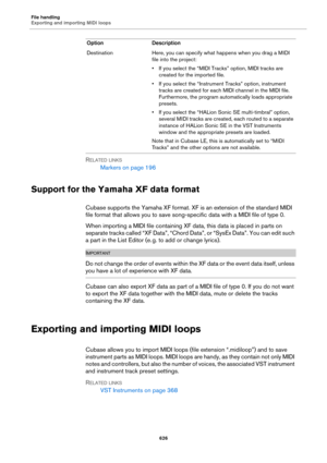 Page 626File handling
Exporting and importing MIDI loops
626
RELATED LINKS
Markers on page 196
Support for the Yamaha XF data format
Cubase supports the Yamaha XF format. XF is an extension of the standard MIDI 
file format that allows you to save song-specific data with a MIDI file of type 0.
When importing a MIDI file containing XF data, this data is placed in parts on 
separate tracks called “XF Data”, “Chord Data”, or “SysEx Data”. You can edit such 
a part in the List Editor (e.
 g. to add or change...
