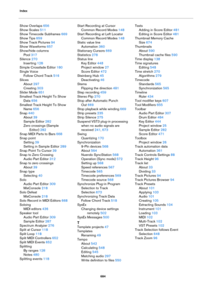 Page 684Index
684
Show Overlaps 656
Show Scales 511
Show Timecode Subframes 669
Show Tips 659
Show Track Pictures 94
Show Waveforms 657
Show/hide columns
Pool 317
Silence 270
Inserting 128
Simple Crossfade Editor 180
Single Voice
Follow Chord Track 516
Slices
About 297
Creating 303
Slider Mode 651
Smallest Track Height To Show 
Data
 656
Smallest Track Height To Show 
Name
 656
Snap 440
About 39
Sample Editor 282
Zero crossings (Sample 
Editor)
 282
Snap MIDI Parts to Bars 668
Snap point
Setting 39
Setting in...