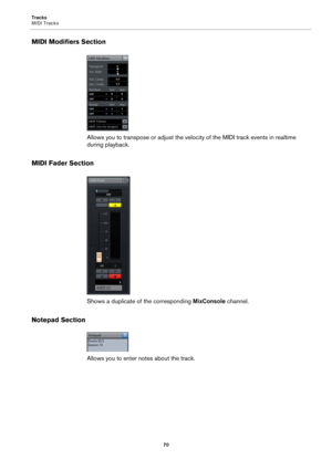 Page 70Tracks
MIDI Tracks
70
MIDI Modifiers Section
Allows you to transpose or adjust the velocity of the MIDI track events in realtime 
during playback.
MIDI Fader Section
Shows a duplicate of the corresponding MixConsole channel.
Notepad Section
Allows you to enter notes about the track. 