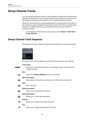 Page 81Tracks
Group Channel Tracks
81
Group Channel Tracks
You can use group channel tracks to create a submix of several audio channels and 
apply the same effects to them. A group channel track contains no events as such, 
but displays settings and automation for the corresponding group channel.
All group channel tracks are automatically placed in a special group track folder in 
the track list, for easy management. Each group channel track has a corresponding 
channel in the MixConsole. A group channel track...