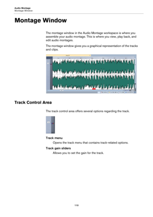 Page 110Audio Montage
Montage Window
110
Montage Window
The montage window in the Audio Montage workspace is where you 
assemble your audio montage. This is where you view, play back, and 
edit audio montages.
The montage window gives you a graphical representation of the tracks 
and clips.
Track Control Area
The track control area offers several options regarding the track.
Track menu
Opens the track menu that contains track-related options.
Track gain sliders
Allows you to set the gain for the track. 