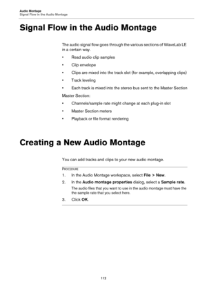 Page 112Audio Montage
Signal Flow in the Audio Montage
112
Signal Flow in the Audio Montage
The audio signal flow goes through the various sections of WaveLab LE 
in a certain way.
•Read audio clip samples
• Clip envelope
• Clips are mixed into the track slot (for example, overlapping clips)
• Track leveling
• Each track is mixed into the stereo bus sent to the Master Section
Master Section:
• Channels/sample rate might change at each plug-in slot
• Master Section meters
• Playback or file format rendering...