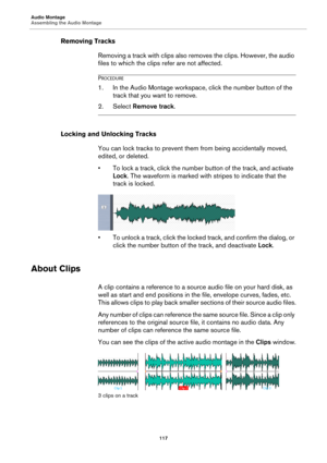 Page 117Audio Montage
Assembling the Audio Montage
117
Removing Tracks
Removing a track with clips also removes the clips. However, the audio 
files to which the clips refer are not affected.
PROCEDURE
1.In the Audio Montage workspace, click the number button of the 
track that you want to remove.
2. Select Remove track.
Locking and Unlocking Tracks
You can lock tracks to prevent them from being accidentally moved, 
edited, or deleted.
•To lock a track, click the number button of the track, and activate 
Lock....