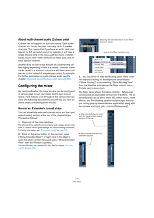 Page 112112
The mixer
About multi-channel audio (Cubase only)
Cubase has full support for surround sound. Each audio 
channel and bus in the mixer can carry up to 6 speaker 
channels. This means that if you have an audio track con-
figured for 5.1 surround sound, for example, it will have a 
single channel strip in the mixer, just like mono or stereo 
tracks, but its level meter will have six meter bars, one for 
each speaker channel.
Another thing to note is that the look of a channel strip dif-
fers slightly...