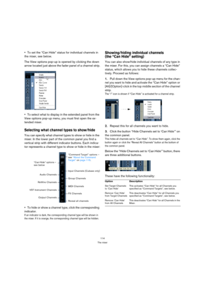 Page 114114
The mixer
To set the “Can Hide” status for individual channels in 
the mixer, see below.
The View options pop-up is opened by clicking the down 
arrow located just above the fader panel of a channel strip.
To select what to display in the extended panel from the 
View options pop-up menu, you must first open the ex-
tended mixer.
Selecting what channel types to show/hide
You can specify what channel types to show or hide in the 
mixer. In the lower part of the common panel you find a 
vertical strip...