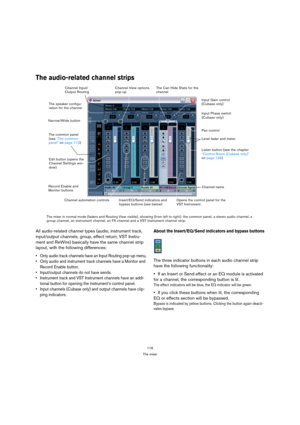 Page 116116
The mixer
The audio-related channel strips
All audio-related channel types (audio, instrument track, 
input/output channels, group, effect return, VST Instru-
ment and ReWire) basically have the same channel strip 
layout, with the following differences:
 Only audio track channels have an Input Routing pop-up menu.
 Only audio and instrument track channels have a Monitor and 
Record Enable button.
 Input/output channels do not have sends.
 Instrument track and VST Instrument channels have an addi-...