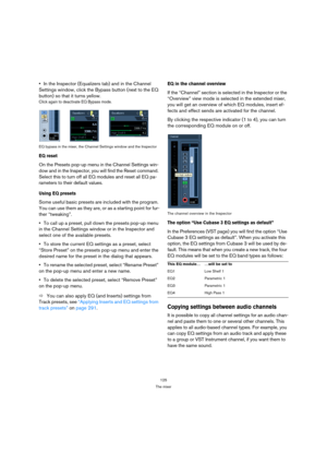 Page 125125
The mixer
In the Inspector (Equalizers tab) and in the Channel 
Settings window, click the Bypass button (next to the EQ 
button) so that it turns yellow.
Click again to deactivate EQ Bypass mode.
EQ bypass in the mixer, the Channel Settings window and the Inspector
EQ reset
On the Presets pop-up menu in the Channel Settings win-
dow and in the Inspector, you will find the Reset command. 
Select this to turn off all EQ modules and reset all EQ pa-
rameters to their default values.
Using EQ presets...