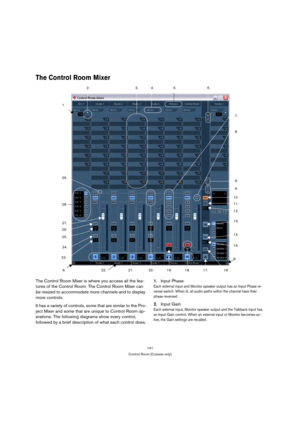 Page 141141
Control Room (Cubase only)
The Control Room Mixer
The Control Room Mixer is where you access all the fea-
tures of the Control Room. The Control Room Mixer can 
be resized to accommodate more channels and to display 
more controls.
It has a variety of controls, some that are similar to the Pro-
ject Mixer and some that are unique to Control Room op-
erations. The following diagrams show every control, 
followed by a brief description of what each control does.1.Input Phase
Each external input and...