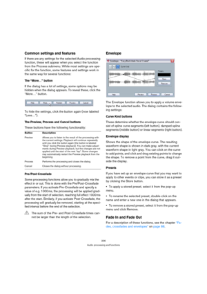 Page 206206
Audio processing and functions
Common settings and features
If there are any settings for the selected Audio processing 
function, these will appear when you select the function 
from the Process submenu. While most settings are spe-
cific for the function, some features and settings work in 
the same way for several functions:
The “More…” button
If the dialog has a lot of settings, some options may be 
hidden when the dialog appears. To reveal these, click the 
“More…” button.
To hide the settings,...