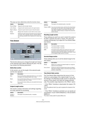 Page 212212
Audio processing and functions
This pop-up menu determines what the function does:
Time Stretch
This function allows you to change the length and “tempo” 
of the selected audio without affecting the pitch. The dia-
log contains the following parameters:
Define Bars section
In this section, you set the length of the selected audio 
and the time signature:
Original Length section
This section contains information and settings regarding 
the audio selected for processing:
Resulting Length section
These...