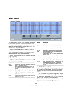 Page 216216
Audio processing and functions
Detect Silence
The Detect Silence function on the Advanced submenu of 
the Audio menu searches for silent sections in an event 
and either splits the event, removing the silent parts from 
the project, or creates regions corresponding to the non-
silent sections. Proceed as follows:
1.Select the event in the Project window or the Audio 
Part Editor.
You can select several events if you like, in which case you will be al-
lowed to make separate settings for each selected...